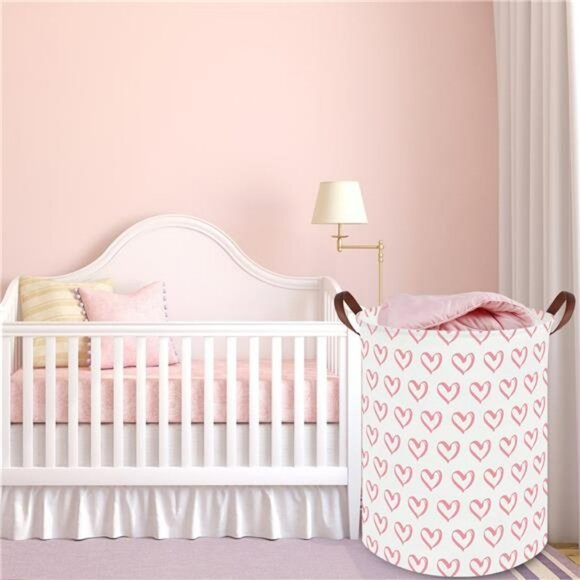 Pink heart laundry hamper basket toy organizer baby nursery storage bin 19x16 - Picture 5 of 8